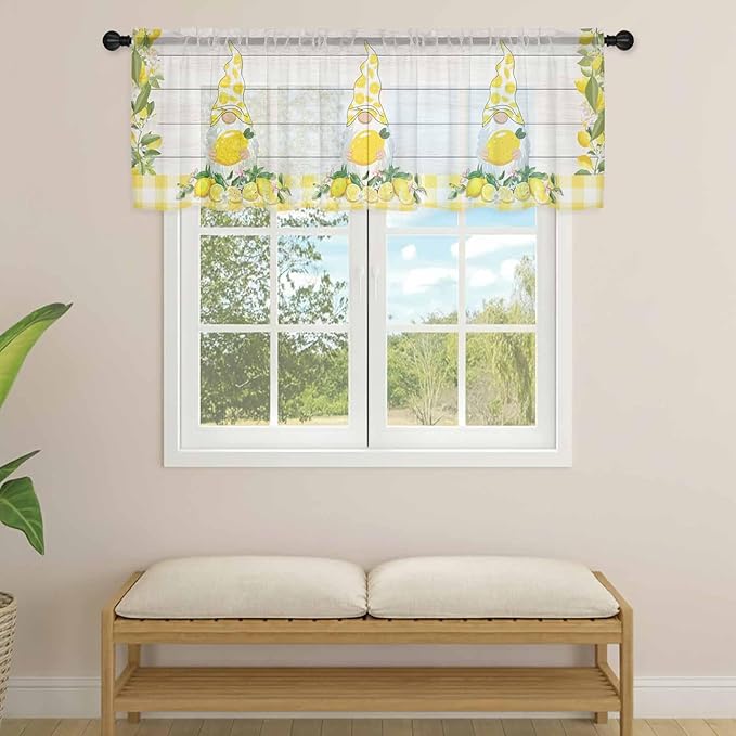 Lemon Dwarfs Sheer Valance Curtains, Gnome Green Leaf Wood Striped Yellow Plaid Light Filtering Kitchen Valances Rod Pocket Voile Curtain Window Treatment for Bedroom/Living Room/Basement 54Wx18L