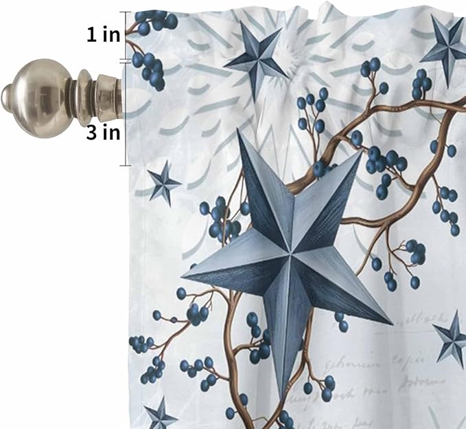 Kitchen Curtains Tiers and Valance Set of 3, Texas Star Country Light Filtering Window Curtain Set, Blue Farmhouse Branches Rod Pocket Curtain Drapes for Cafe, Living Room, 36 Inches Tiers