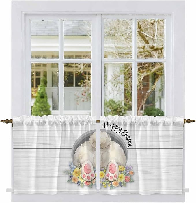 Easter Bunny Kitchen Tier Curtains 24 Inch Long 2 Panel Set,Rod Pocket Cafe Small Window Curtains Over Sink,3D Optical Illusion Farmhouse Flower Wood Grain Light Filtering Short Drapes 27.5"W x 24"L