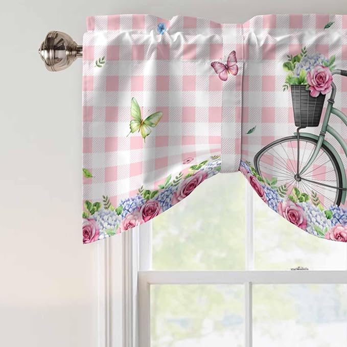 Spring Tie Up Valance Curtains for Windows, Kitchen Curtains Window Shades, Bicycles Leaves Butterfly Flowers Pink Buffalo Plaid Light Filtering Curtain Valances for Bedroom/Bathroom/Cafe 54"x18"