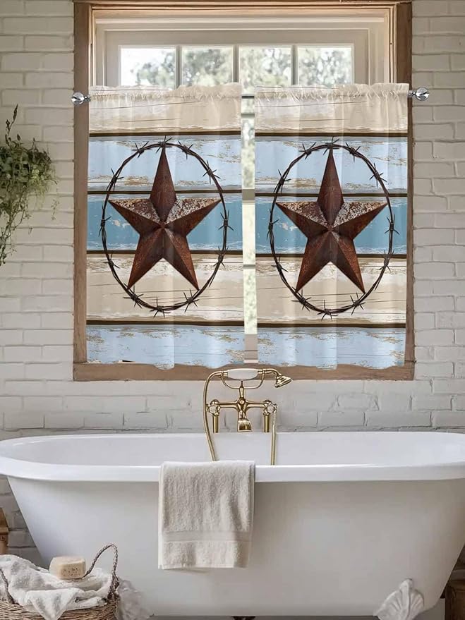 Vintage Western Star on Wood Grain Window Valance Curtains, Retro Wooden Texture Light Filtering Kitchen Valance with 3-inch Rod Pocket for Living Room Bathroom Bedroom,2 Panel,27.5x45In
