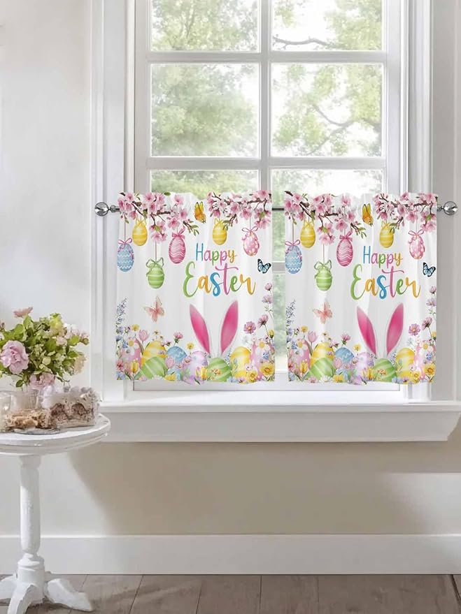 Happy Easter Half Window Curtain 36 Inches Long, Spring Watercolor Bunny Eggs Flower Branch Window Treatment Curtain Drapes, Small Tier Curtains for Bathroom Over Sink, 27.5"x36", 2 Panels
