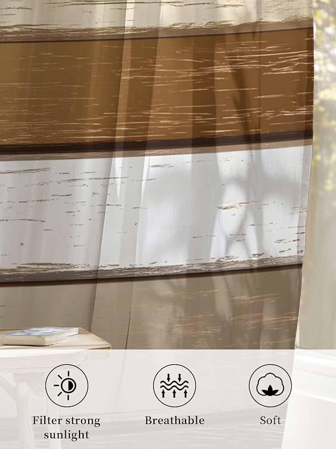 Sheer Curtains 108 Inches Long, Vintage Geometric Brown Semi Sheer Curtains Light Filtering Window Treatment, Farmhouse Country Chic Wood Grain Privacy Voile Drapes for Living Room Bedroom 52x108 Inch