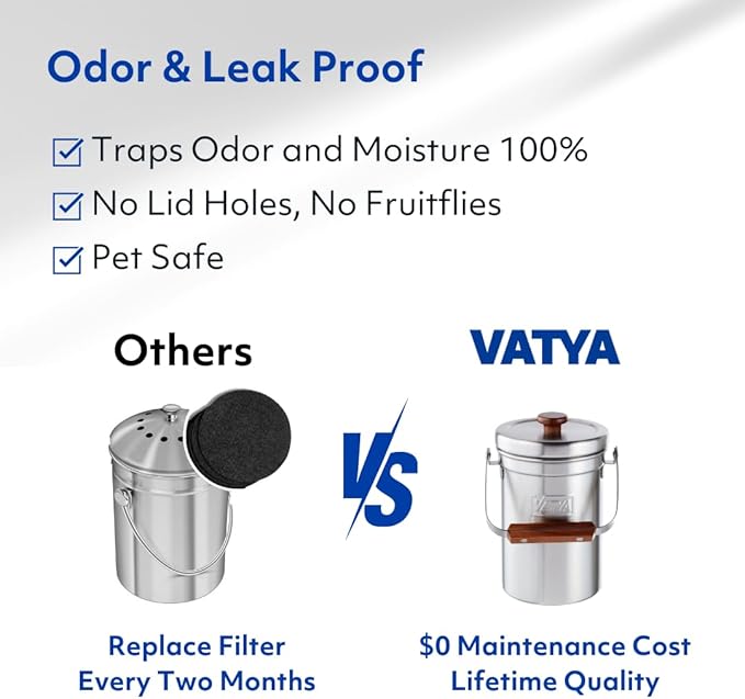 Vatya Stainless Steel Kitchen Compost Bin - NO Filter Countertop Composter, Composting Bucket, Counter Top Small Indoor Food Waste Container with Lid, Odorless Food Scrap Pail, Large 0.8 Gallon