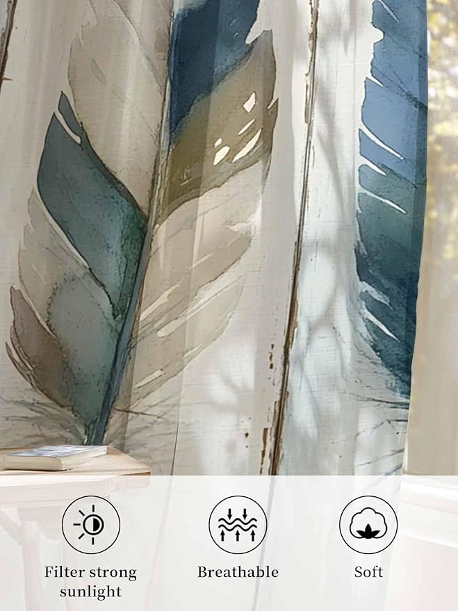 Sheer Curtains 54 Inch Length, Boho Blue Feathers Semi Sheer Curtains Light Filtering Window Treatment, Farmhouse Vintage Wooden Grain Privacy Voile Drapes for Living Room Bedroom 52x54 Inch