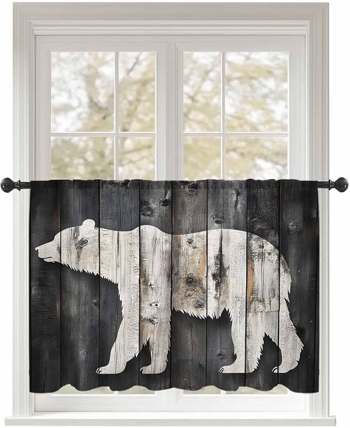 Sheer Curtains 54 Inch Length, White Brown Bear Semi Sheer Curtains Light Filtering Window Treatment, Farmhouse Country Vintage Wood Grain Privacy Voile Drapes for Living Room Bedroom 52x54 Inch