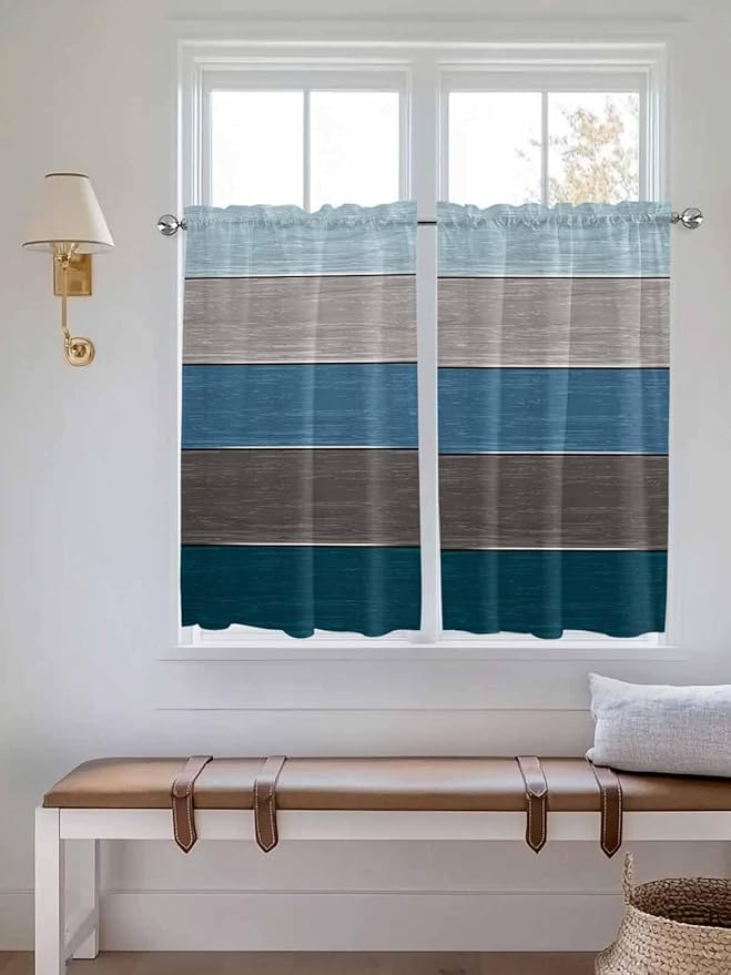Retro Farm Blue Gray Wood Grain Window Valance Curtains, Rustic Wooden Plank Light Filtering Kitchen Valance with 3-inch Rod Pocket for Living Room Bathroom Bedroom,2 Panel,42x54In