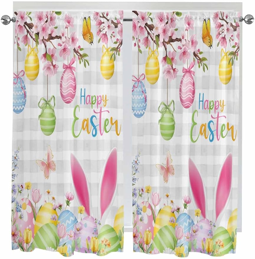 Happy Easter Living Room Curtains 72 Inches length, Spring Watercolor Bunny Eggs Flower Grey Plaid Window Treatment Curtain Drapes, Light Filtering Drapes for Bedroom Laundry Room, 52"x72", 2 Panels