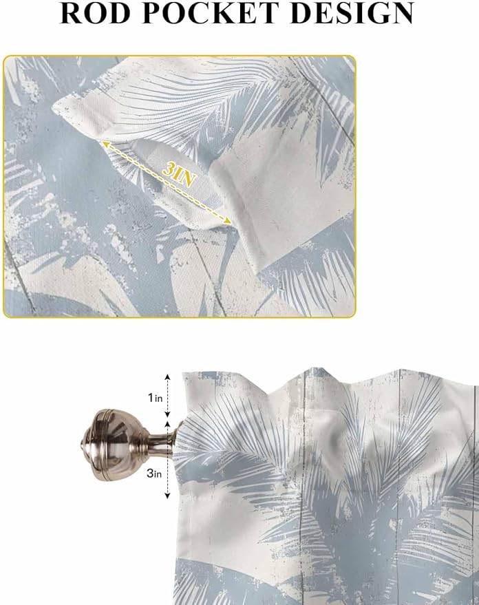 Summer Coconut Tree on Vintage Wood Grain Window Valance Curtains, Seaside Plants Light Filtering Kitchen Valance with 3-inch Rod Pocket for Living Room Bathroom Bedroom,2 Panel,52x45In