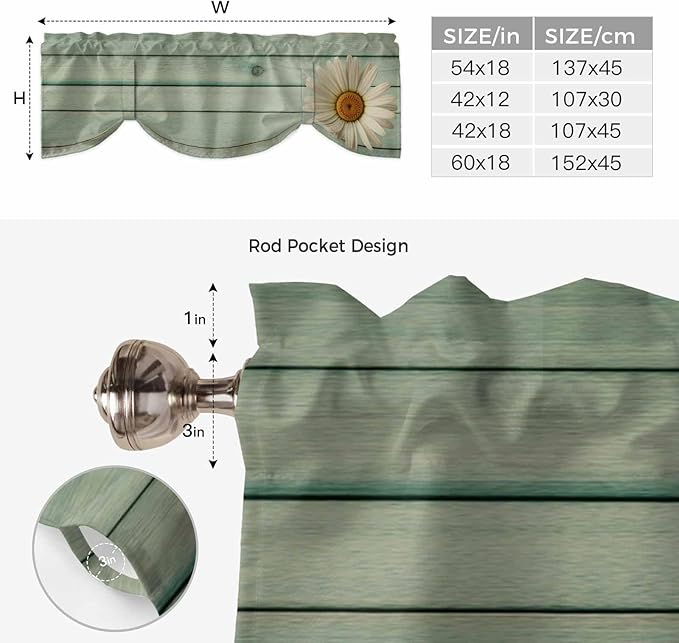Daisy Flower Tie Up Valance Curtains for Windows, Kitchen Curtains Window Shades, Modern Art Floral Farmhouse Teal Wooden Grain Light Filtering Roman Curtain Valances for Bedroom/Bathroom/Cafe 54"x18"