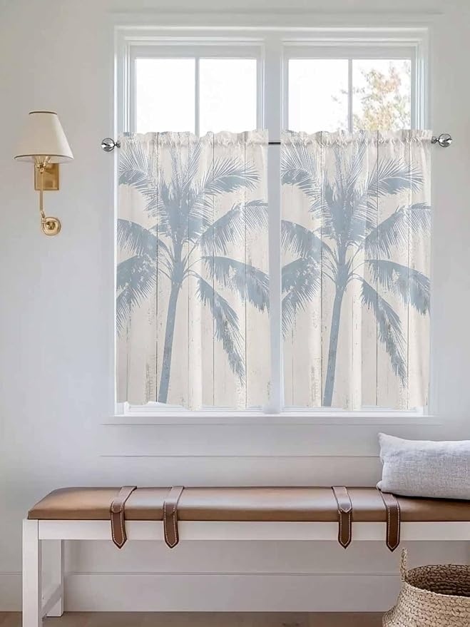 Summer Coconut Tree on Vintage Wood Grain Window Valance Curtains, Seaside Plants Light Filtering Kitchen Valance with 3-inch Rod Pocket for Living Room Bathroom Bedroom,2 Panel,42x54In