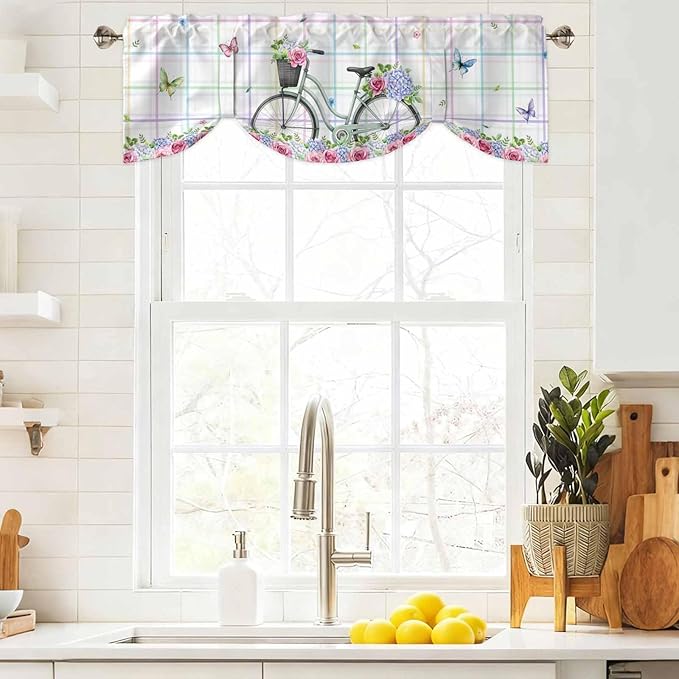 Spring Tie Up Valance Curtains for Windows, Kitchen Curtains Window Shades, Bicycles Botanical Leaves Rose Colorful Stripes Light Filtering Roman Curtain Valances for Bedroom/Bathroom/Cafe 60"x18"