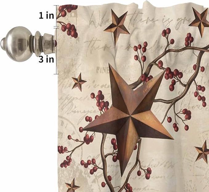 Kitchen Curtains Tiers and Valance Set of 3, Brown Farmhouse Light Filtering Window Curtain Set, Retro Country Stars Rustic Branches Berry Rod Pocket Curtain Drapes for Living Room, 24 Inches Tiers