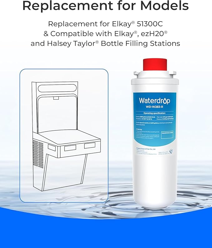 [With Chip] Waterdrop W283-R Replacement for Elkay® 51300C, Compatible with Elkay® ezH20® and Halsey Taylor® Bottle Filling Stations, NSF/ANSI 42, Reduces Chlorine, Bad Taste & Odor, 1 Pack