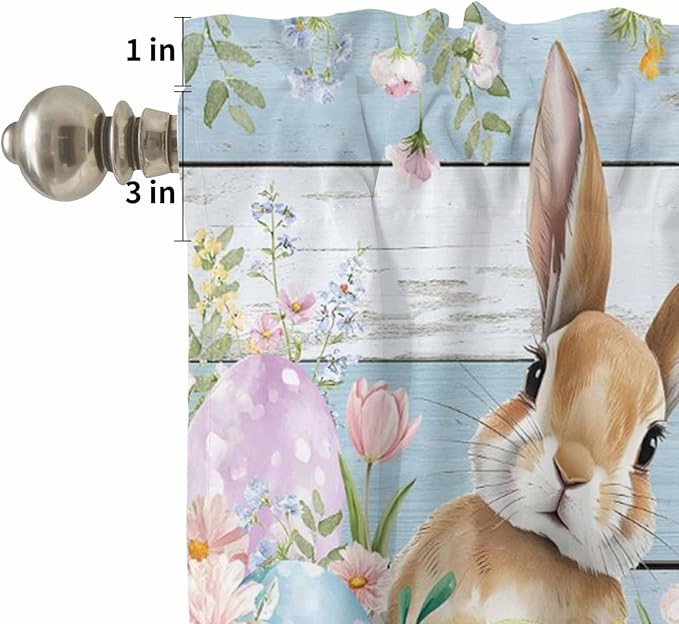Kitchen Curtains Tiers and Valance Set of 3, Easter Light Filtering Window Curtain Set, Farmhouse Spring Rabbit Eggs Flowers Wooden Board Rod Pocket Curtain Drapes for Living Room, 24 Inches Tiers