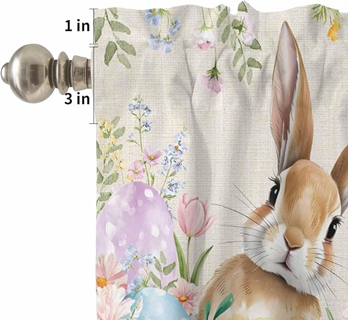 Kitchen Curtains Tiers and Valance Set of 3, Easter Light Filtering Window Curtain Set, Vintage Spring Bunny Eggs Farmhouse Floral Leaves Rod Pocket Curtain Drapes for Living Room, 36 Inches Tiers