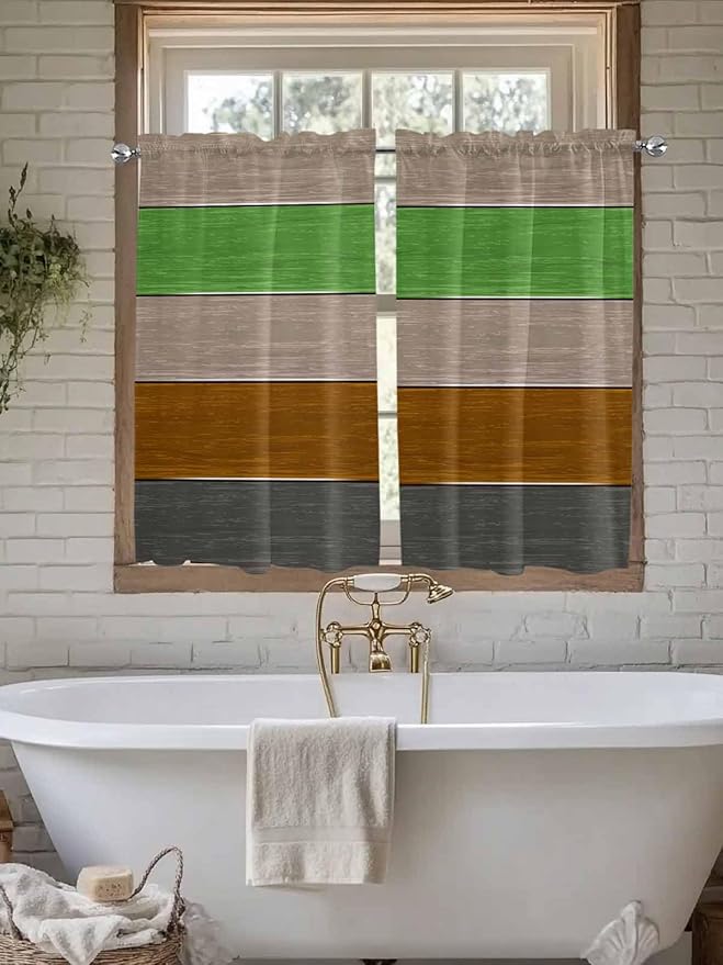 Farm Gray Green Brown Wood Grain Window Valance Curtains, Rustic Wooden Plank Light Filtering Kitchen Valance with 3-inch Rod Pocket for Living Room Bathroom Bedroom,2 Panel,42x45In
