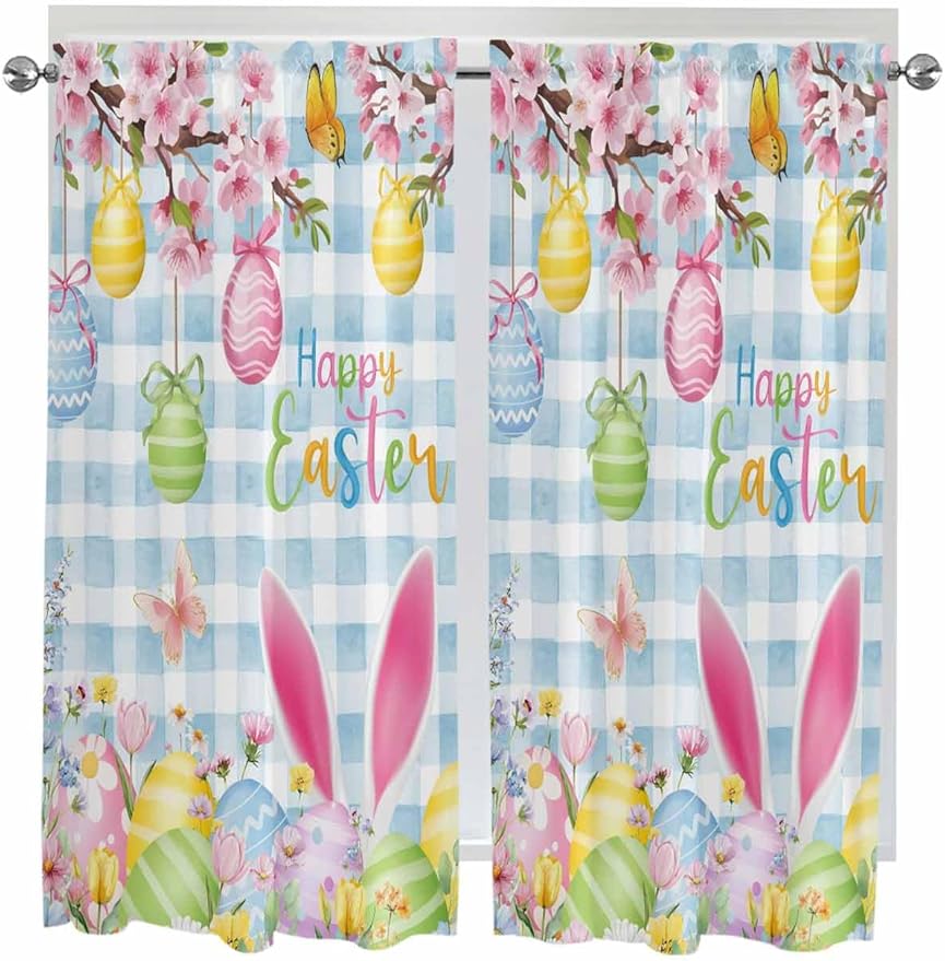 Happy Easter Living Room Curtains 72 Inches length, Spring Watercolor Bunny Eggs Flower Blue Plaid Window Treatment Curtain Drapes, Light Filtering Drapes for Bedroom Laundry Room, 52"x72", 2 Panels