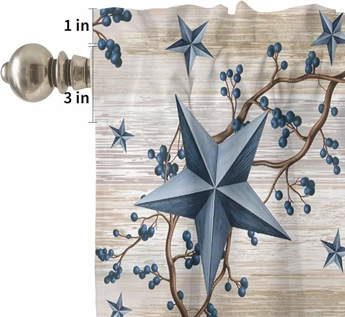 Kitchen Curtains Tiers and Valance Set of 3, Vintage Country Light Filtering Window Curtain Set, Blue Rustic Texas Star Vines Wooden Grain Rod Pocket Curtain Drapes for Living Room, 24 Inches Tiers