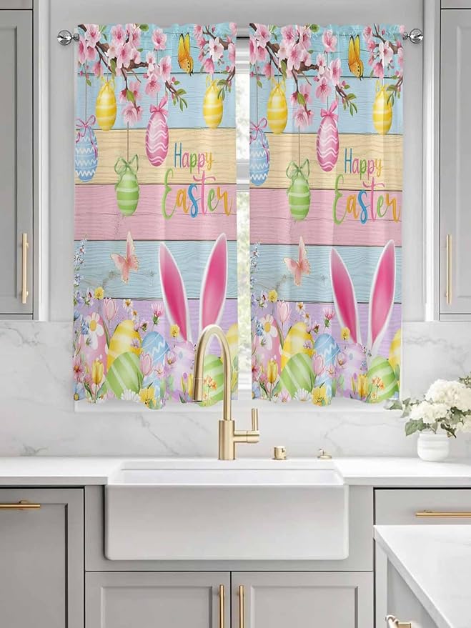 Colorful Easter Bedroom Curtains 63 Inches length, Spring Watercolor Bunny Egg Flower Wood Grain Window Treatment Curtain Drapes, Rod Pocket Curtain Panels for Living Room Kitchen, 42"x63", 2 Panels