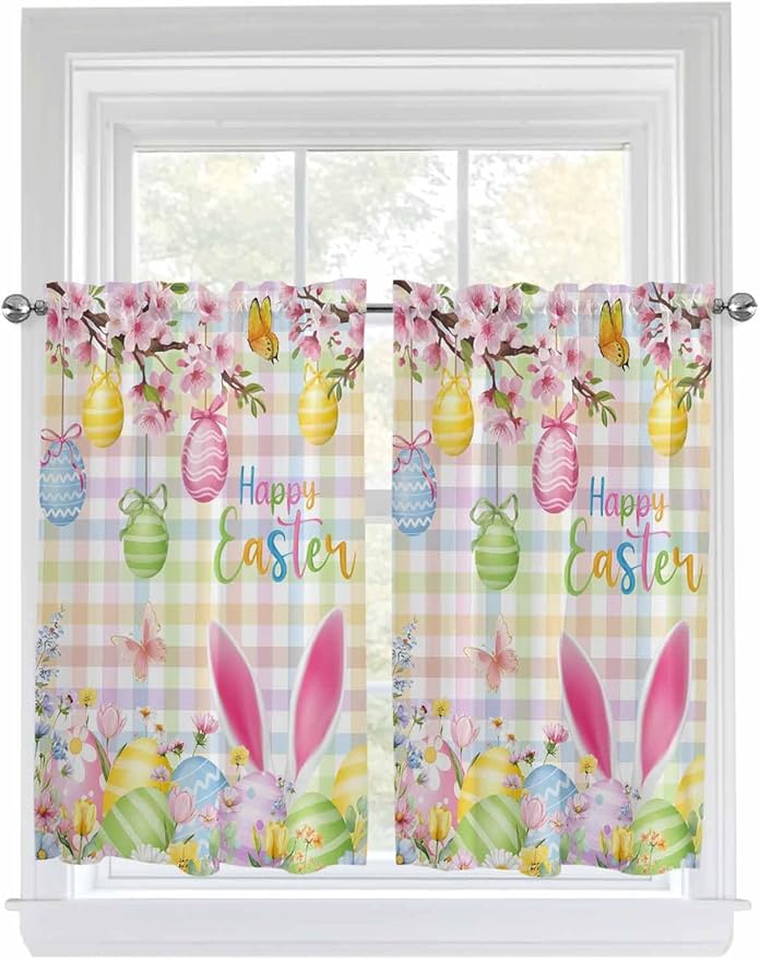 Happy Easter Kitchen Curtains 54 Inches Length, Spring Bunny Colorful Eggs Flower Plaid Window Treatment Curtain Drapes, Thermal Insulated Drapes for Basement Hotel RV, 42"x54", 2 Panels