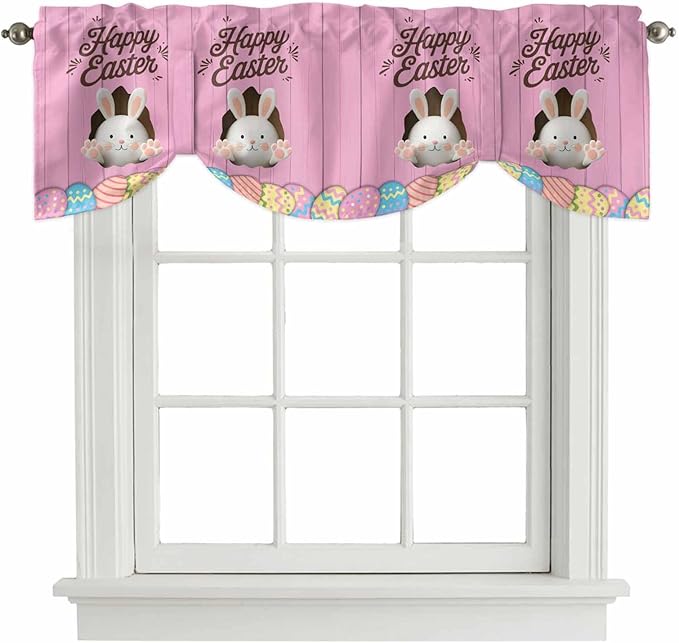 Pink Easter Tie Up Valance Curtains for Windows,Kitchen Curtains Window Shades,Easter Bunny Eggs Spring Cartoon Farmhouse Wood Grain Light Filtering Curtain Valances for Bedroom/Bathroom/Cafe 60"x18"
