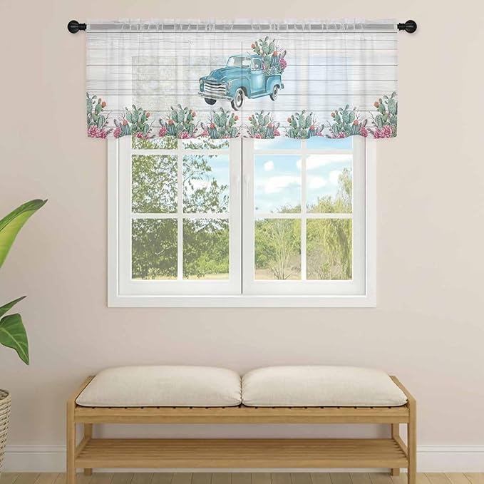 Farmhouse Sheer Valance Curtains, Summer Blue Car with Cactus Succulents Wood Grain Light Filtering Kitchen Valances Rod Pocket Voile Curtain Window Treatment for Bedroom/Living Room/Basement 60Wx18L