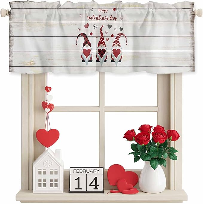 Happy Valentine's Valance Curtains for Kitchen, Day Gnomes Love Heart on Rustic Wood Grain Privacy Rod Pocket Valance Curtain, Light-Filtering Window Treatment for Bedroom Bathroom, 54"x18"