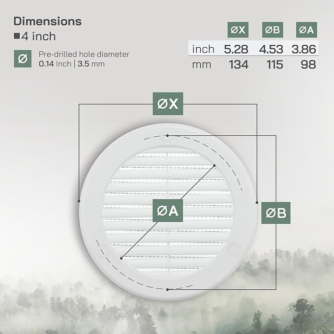 Vent Systems 4" Inch (Opening Dimensions) White Soffit Vent Cover - Plastic Round Air Vent Grille - Built-in Mesh Screen - HVAC Register Louver for Bathroom, Home, Kitchen