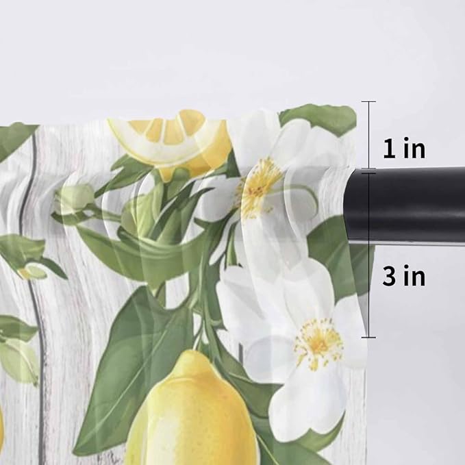 Spring Summer Lemon Sheer Valance Curtains, Leaf Flower White Wood Grain Light Filtering Kitchen Valances Rod Pocket Voile Curtain Window Treatment for Bedroom/Living Room/Basement 54Wx18L