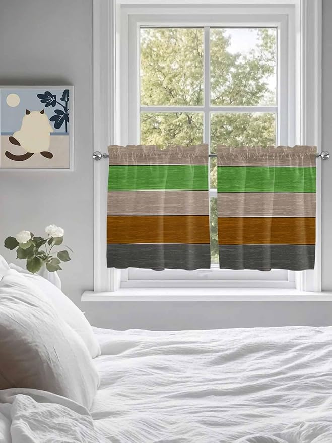 Farm Gray Green Brown Wood Grain Window Valance Curtains, Rustic Wooden Plank Light Filtering Kitchen Valance with 3-inch Rod Pocket for Living Room Bathroom Bedroom,2 Panel,27.5x36In