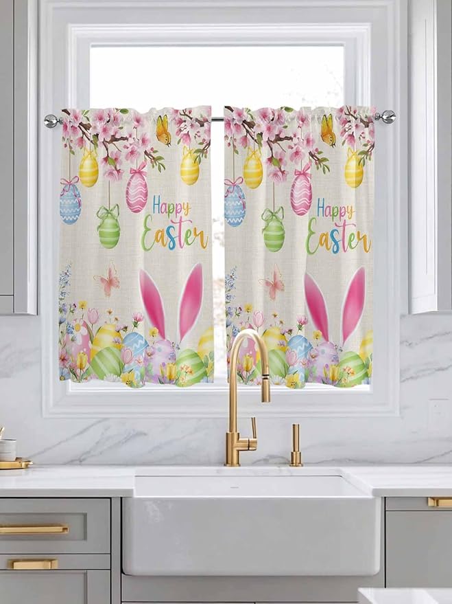 Happy Easter Tier Curtains 45 Inches Long, Spring Farmhouse Bunny Eggs Flower Beige Window Treatment Curtain Drapes, Small Curtain Drapes for Bathroom Laundry Room, 27.5"x45", 2 Panels