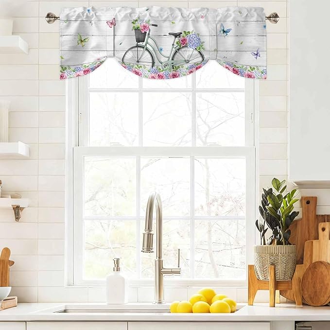Spring Tie Up Valance Curtains for Windows, Kitchen Curtains Window Shades, Bicycles Botanical Rose Leaves Butterfly Wood Grain Light Filtering Roman Curtain Valances for Bedroom/Bathroom/Cafe 54"x18"