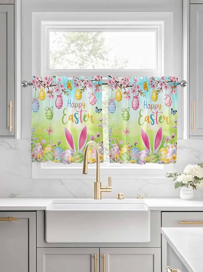 Easter Half Window Curtains 24 Inches Long, Spring Bunny Colorful Rabbit Eggs Butterfly Blue Green Window Treatment Curtain Drapes, Short Curtains Tiers for Kitchen Over Sink, 27.5"x24", 2 Panels