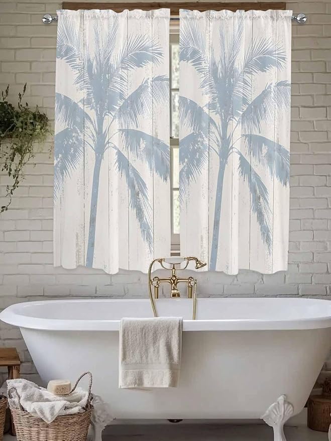 Summer Coconut Tree on Vintage Wood Grain Window Valance Curtains, Seaside Plants Light Filtering Kitchen Valance with 3-inch Rod Pocket for Living Room Bathroom Bedroom,2 Panel,42x63In