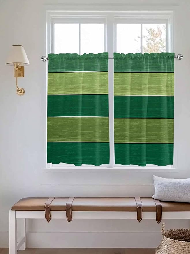 Farm Retro Green Wood Grain Window Valance Curtains, Rustic Wooden Plank Texture Light Filtering Kitchen Valance with 3-inch Rod Pocket for Living Room Bathroom Bedroom,2 Panel,42x54In