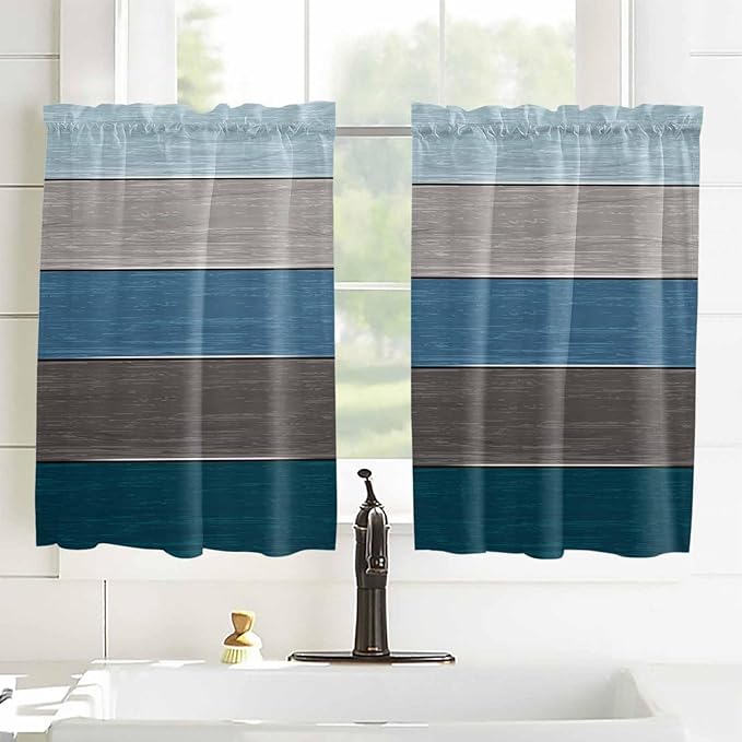 Retro Farm Blue Gray Wood Grain Window Valance Curtains, Rustic Wooden Plank Light Filtering Kitchen Valance with 3-inch Rod Pocket for Living Room Bathroom Bedroom,2 Panel,42x45In