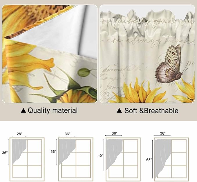Farm Sunflowers Swag Valances for Windows, Retro Flowers Butterfly Botanical Beige Rod Pocket Kitchen Curtains Valance, Kitchen Window Curtains Swag for Cafe Bathroom Living Room, 2 Panels, 36x45 inch