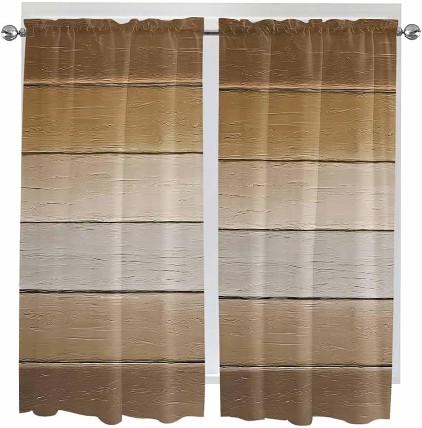 Vintage Brown Gradient Wood Grain Window Valance Curtains, Farmhouse Wood Barn Light Filtering Kitchen Valance with 3-inch Rod Pocket for Living Room Bathroom Bedroom,2 Panel,52x72In