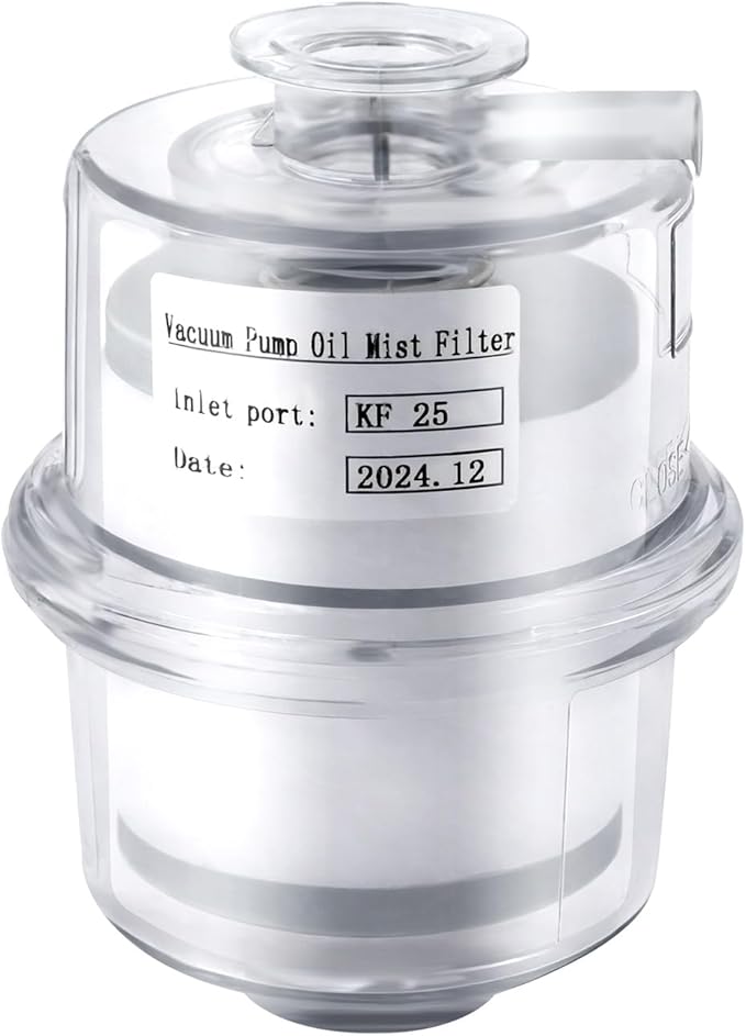 KF25 Oil Mist Filter for Vacuum Pump, 95% Filtration Efficiency PC Fume Separator with Drain Pipe, Compact Exhaust Filter for Lab Industrial