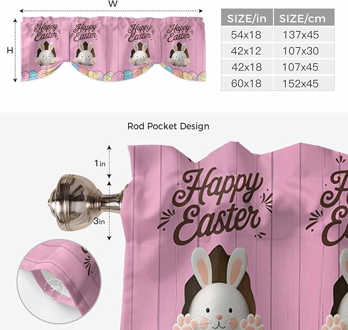 Pink Easter Tie Up Valance Curtains for Windows,Kitchen Curtains Window Shades,Easter Bunny Eggs Spring Cartoon Farmhouse Wood Grain Light Filtering Curtain Valances for Bedroom/Bathroom/Cafe 60"x18"