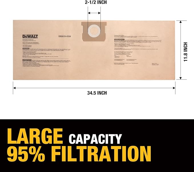 DEWALT DXVA19-4104 Dust Filter Bags, High Efficiency Replacement Bags for DEWALT Wet Dry Vac 5-8 Gallon, Wet Dry Vac Accessories, Dust Collection Bag Vacuum Bag (3-Pack)