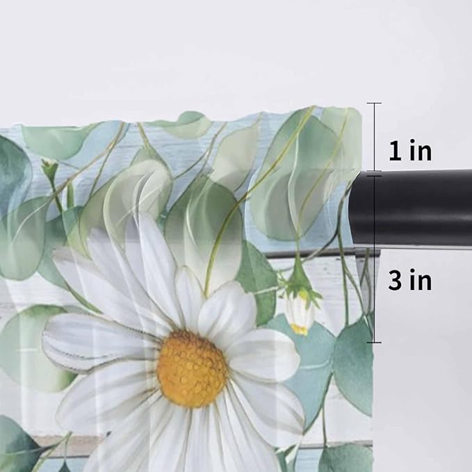 Daisy Eucalyptus Leaves Sheer Valance Curtains, Blue Wood Grain Spring Countryside Light Filtering Kitchen Valances Rod Pocket Voile Curtain Window Treatment for Bedroom/Living Room/Basement 60Wx18L