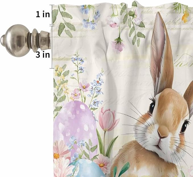 Kitchen Curtains Tiers and Valance Set of 3, Easter Light Filtering Window Curtain Set, Pastoral Spring Bunny Eggs Botanical Flowers Leaf Rod Pocket Curtain Drapes for Living Room, 36 Inches Tiers