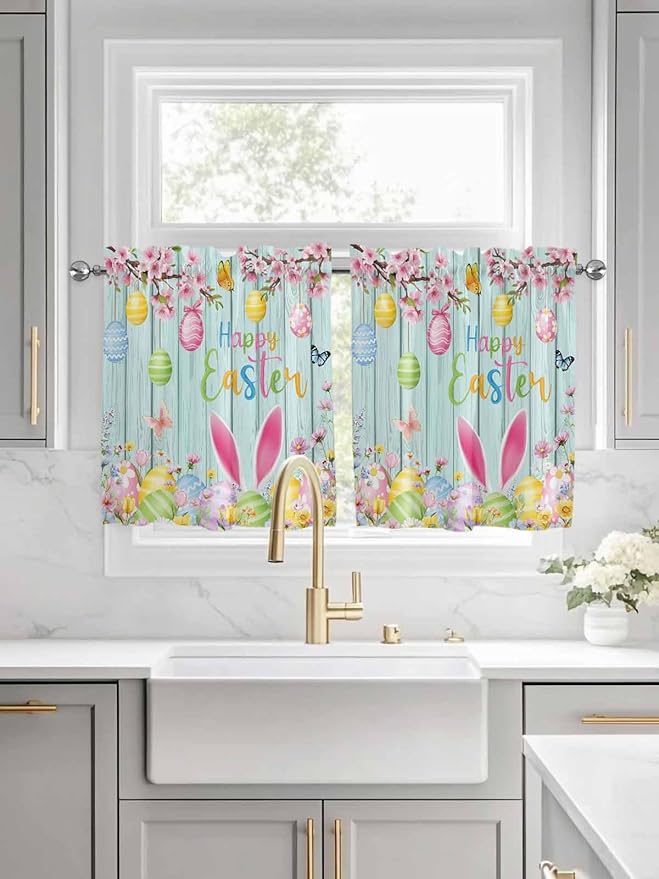Happy Easter Half Window Curtain 36 Inches Long, Spring Bunny Eggs Flower Teal Wood Grain Window Treatment Curtain Drapes, Small Tier Curtains for Bathroom Over Sink, 27.5"x36", 2 Panels
