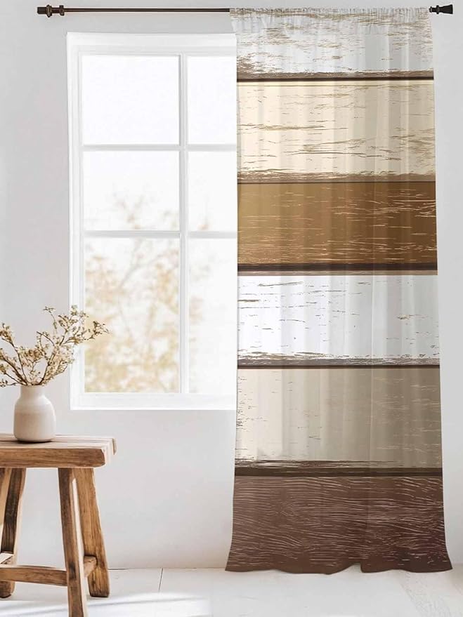 Sheer Curtains 108 Inches Long, Vintage Geometric Brown Semi Sheer Curtains Light Filtering Window Treatment, Farmhouse Country Chic Wood Grain Privacy Voile Drapes for Living Room Bedroom 52x108 Inch