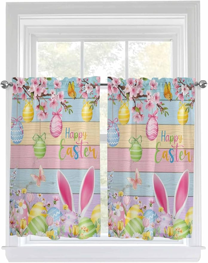 Colorful Easter Kitchen Curtains 45 Inches length, Spring Watercolor Bunny Egg Flower Wood Grain Window Treatment Curtain Drapes, Lightweight Window Panels for Living Room Bedroom, 52"x45", 2 Panels