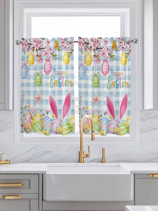 Happy Easter Kitchen Curtains 54 Inches length, Spring Watercolor Bunny Eggs Flower Blue Plaid Window Treatment Curtain Drapes, Thermal Insulated Drapes for Basement Hotel RV, 42"x54", 2 Panels