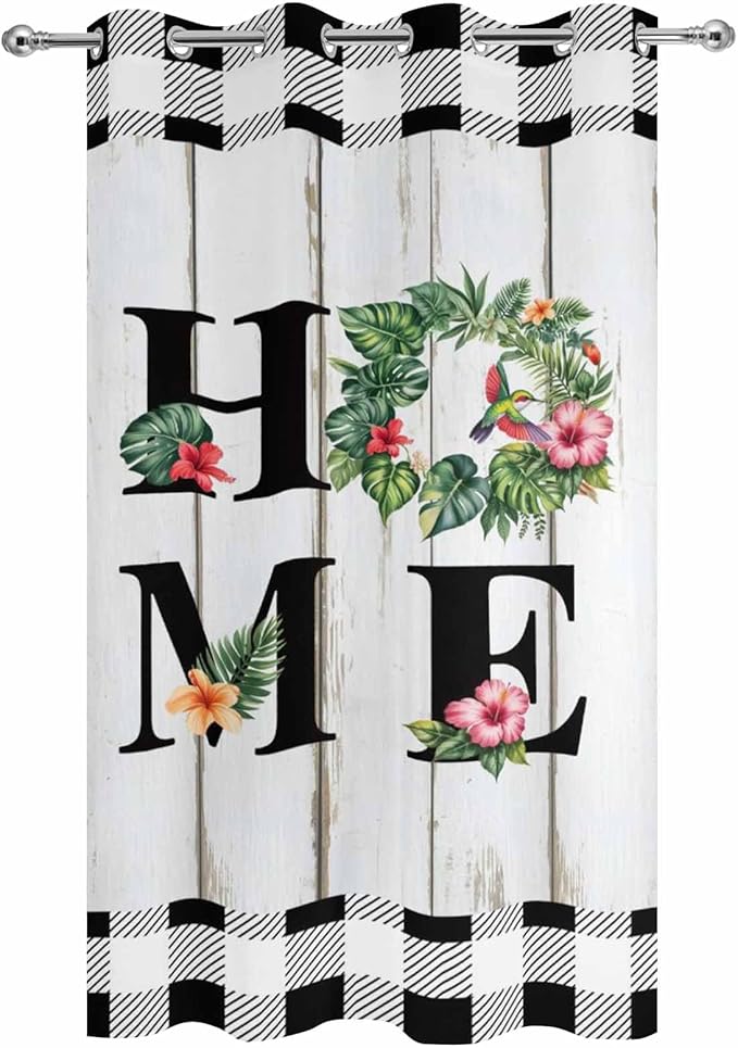 Summer Outdoor Curtains for Patio Leaves Garland Plumeria Wood Buffalo Plaid Waterproof Outside Curtains with Grommet Top Weatherproof Curtain for Cabana Pergola Gazebo, 1 Panel, 54" W x 108" L