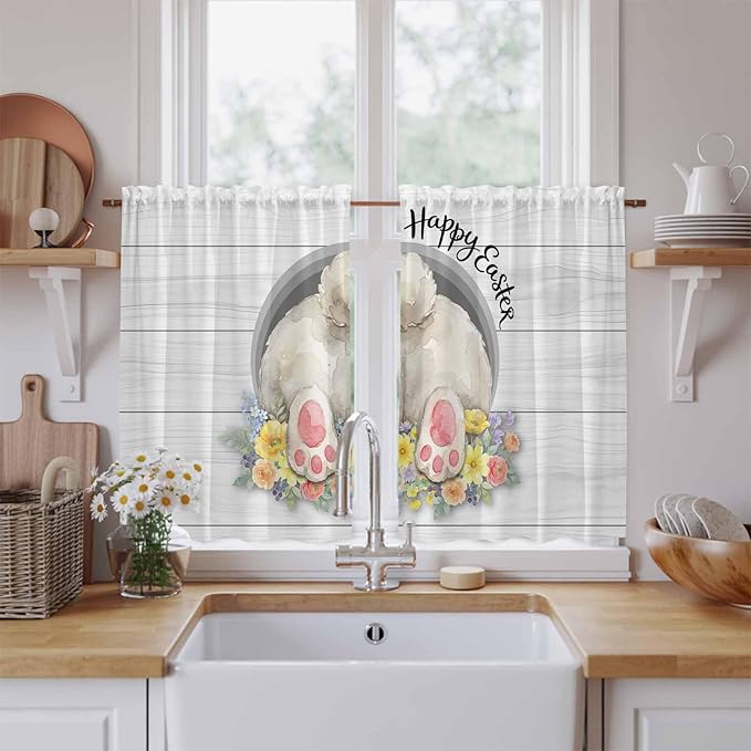 Easter Bunny Kitchen Curtains 54 Inch Long 2 Panel Set,Rod Pocket Window Curtains Panels,3D Optical Illusion Farmhouse Flower Wood Grain Light Filtering Privacy Draperies for Bedroom 42"W x 54"L
